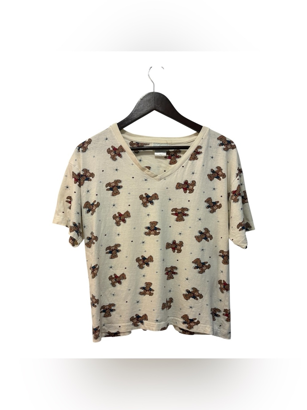 Vintage Y2K Prima Cotton Cream V-Neck Tee with Teddy Bear Print